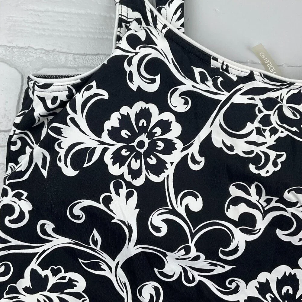 Lands End Swim Top Women 12A Black White Floral Bra Pads Wide Tankini Boho Beach